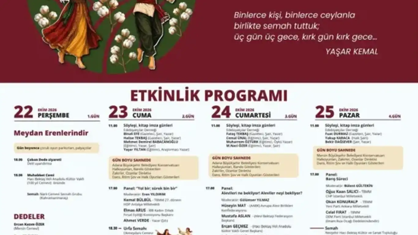 1. Çukurova Alevi Kültür Festivali 22-25 Ekim'de Adana'da Düzenlenecek