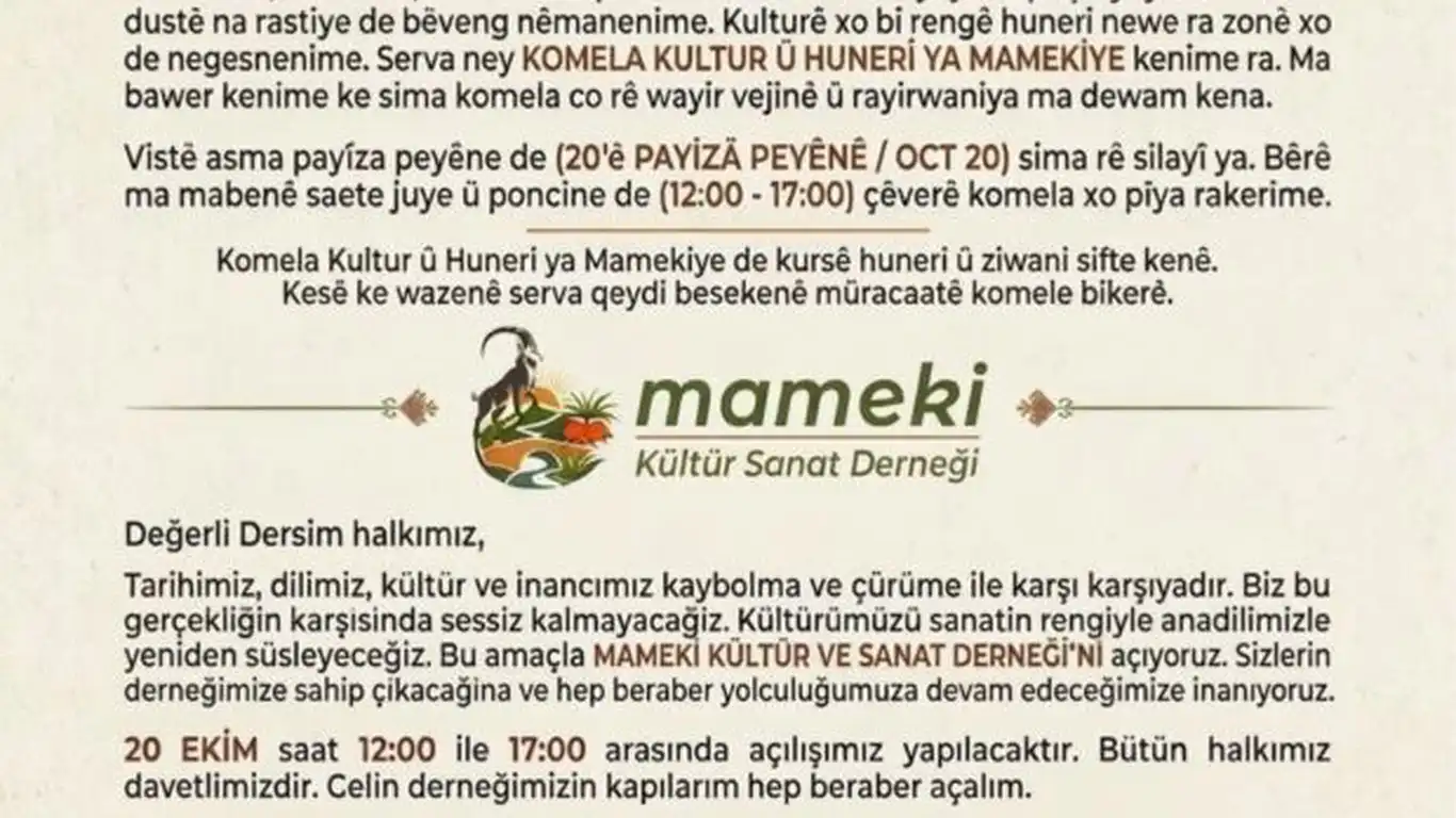 Dersim'de Mameki Kültür ve Sanat Derneği açılıyor